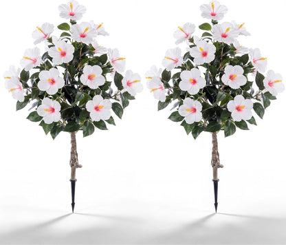 2 Pack 36" Artificial Hibiscus Tree Plants 3ft Faux Hibiscus Flowers with Spike UV Resistant Fake Floral Blooming Bush for Indoor Outdoor Front Door Porch Backyard Garden(Red)