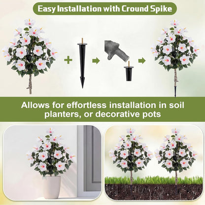 2 Pack 36" Artificial Hibiscus Tree Plants 3ft Faux Hibiscus Flowers with Spike UV Resistant Fake Floral Blooming Bush for Indoor Outdoor Front Door Porch Backyard Garden(Red)