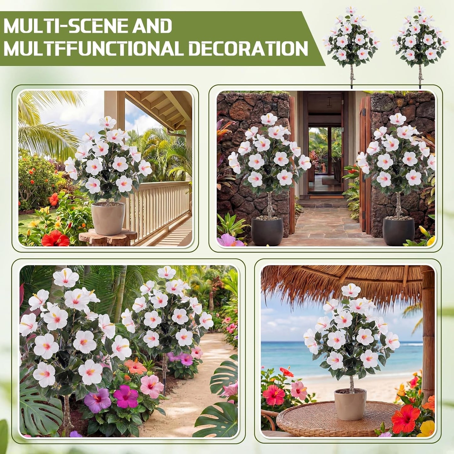 2 Pack 36" Artificial Hibiscus Tree Plants 3ft Faux Hibiscus Flowers with Spike UV Resistant Fake Floral Blooming Bush for Indoor Outdoor Front Door Porch Backyard Garden(Red)