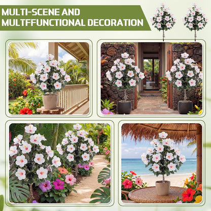 2 Pack 36" Artificial Hibiscus Tree Plants 3ft Faux Hibiscus Flowers with Spike UV Resistant Fake Floral Blooming Bush for Indoor Outdoor Front Door Porch Backyard Garden(Red)