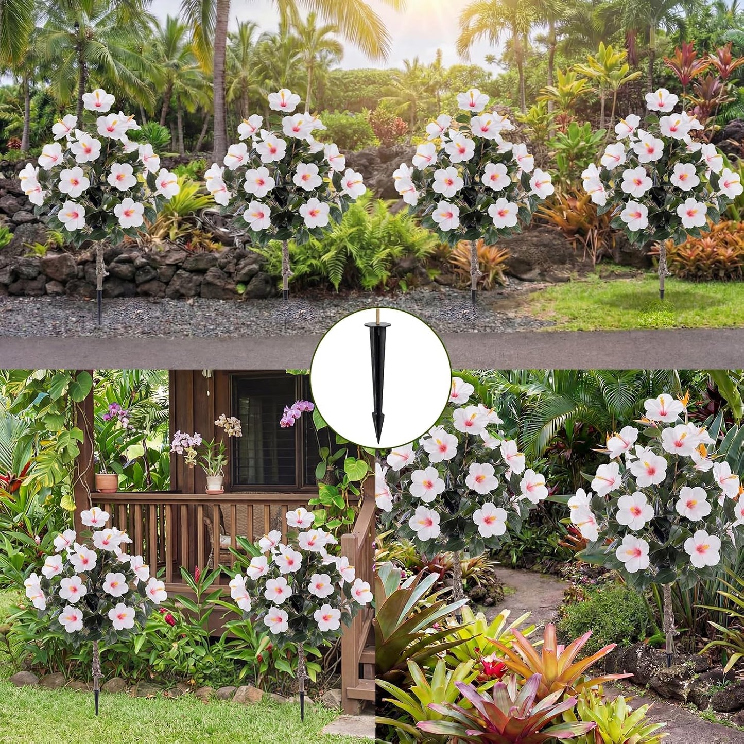 2 Pack 36" Artificial Hibiscus Tree Plants 3ft Faux Hibiscus Flowers with Spike UV Resistant Fake Floral Blooming Bush for Indoor Outdoor Front Door Porch Backyard Garden(Red)