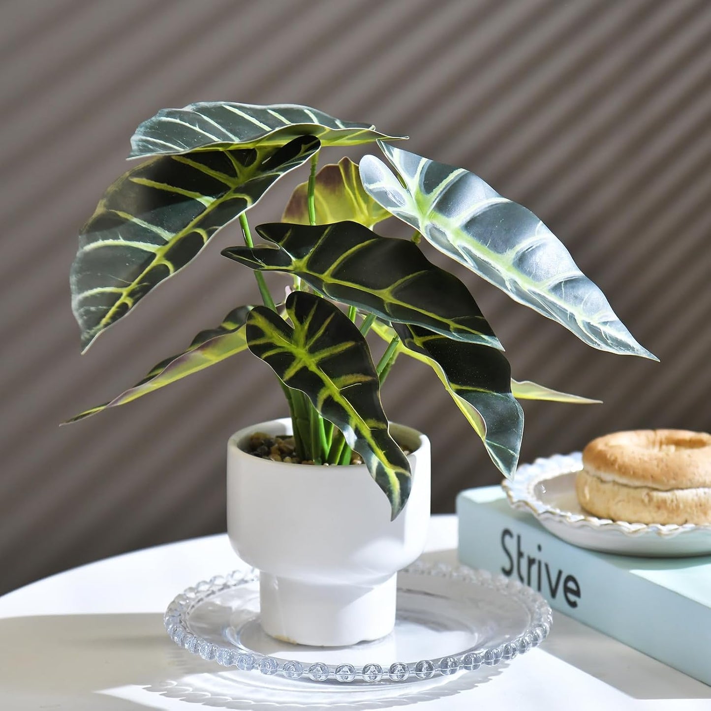 Artificial Plants in Ceramic Pot Fake Potted Plant Faux Alocasia Begonia Calathea Plants for Home Office Bathroom Table Décor