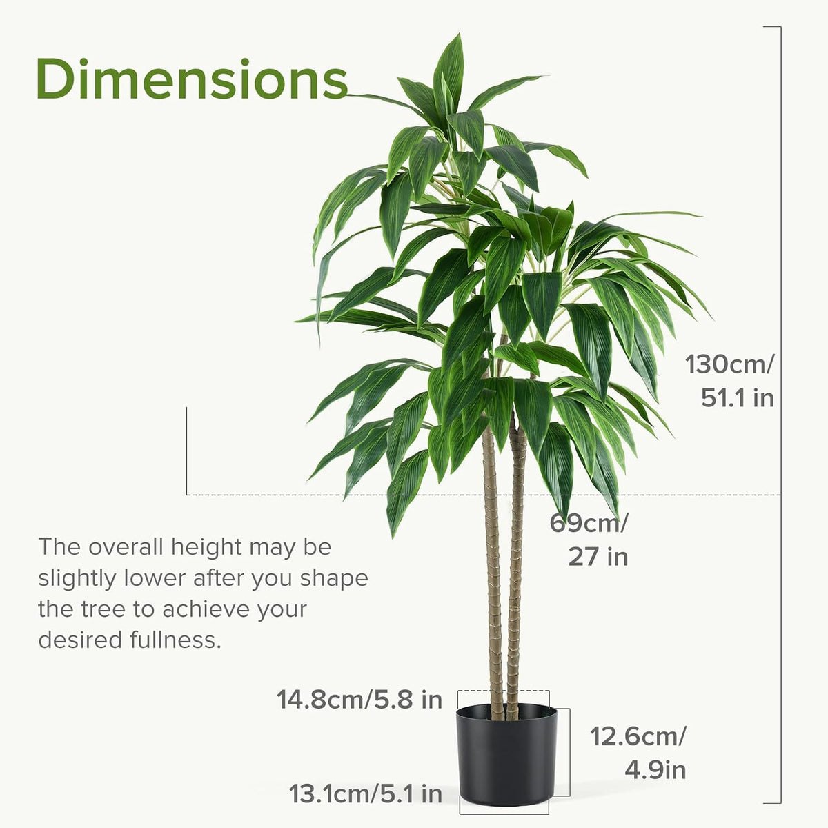 DUMOS 51in Artificial Dracaena Tree, Realistic Faux Indoor Floor Plant with Lifelike Leaves and Black Planter Pot, Adjustable Branches for Living Room, Bedroom and Office Decor
