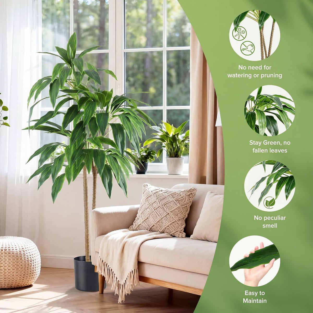 DUMOS 51in Artificial Dracaena Tree, Realistic Faux Indoor Floor Plant with Lifelike Leaves and Black Planter Pot, Adjustable Branches for Living Room, Bedroom and Office Decor
