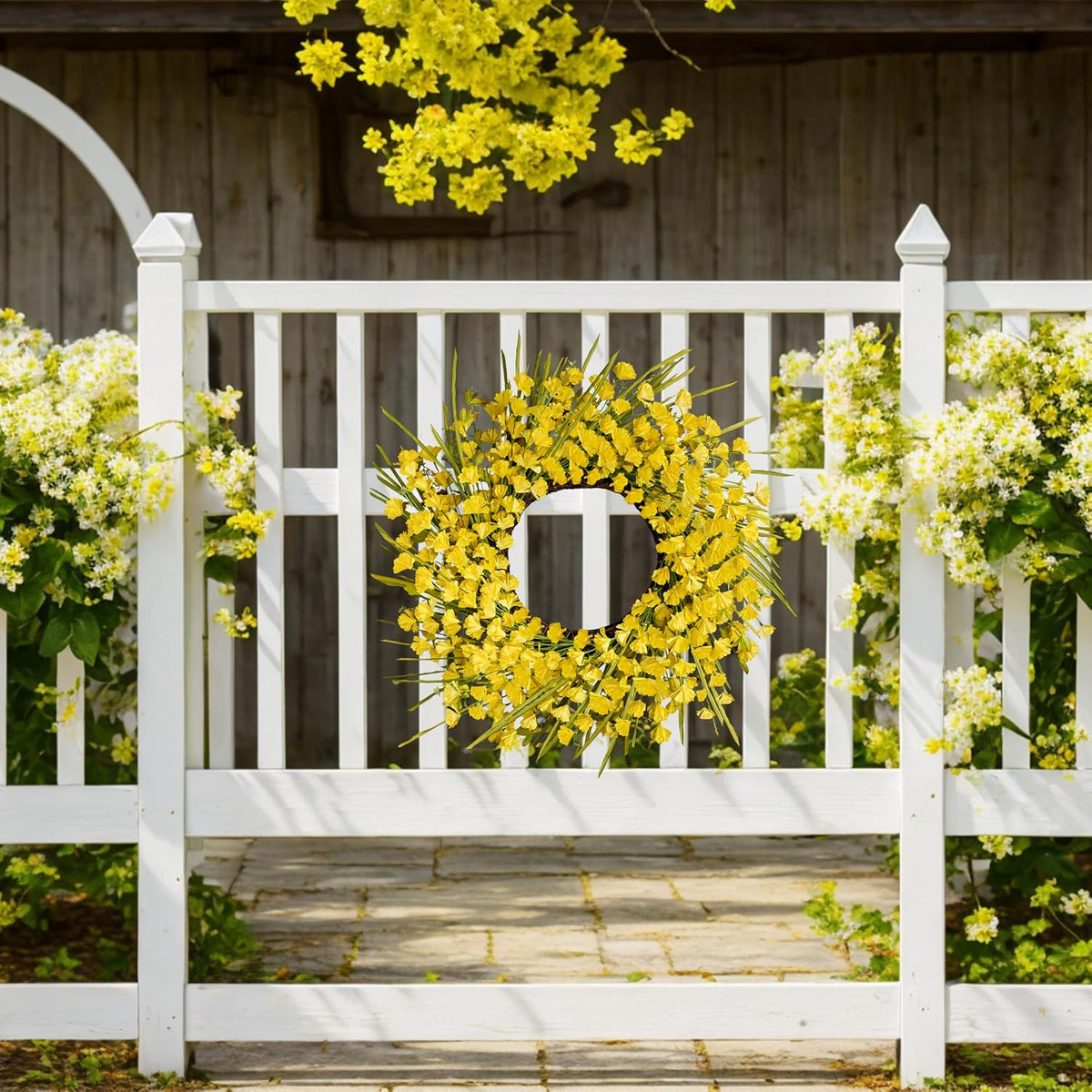 Artificial Spring Wreaths for Front Door 24 inch Spring Wreath Yellow Summer Wreath with Yellow Flowers Berries for Porch Farmhouse Wall Indoor Home Decoration