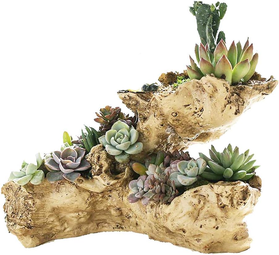 Driftwood Planter Artificial Sculpture Multilayer Log Planter Flower Pot | Tree Root Style Planter, Resin Stump Pot, with Drainage Hole, Decorative Succulent Planter