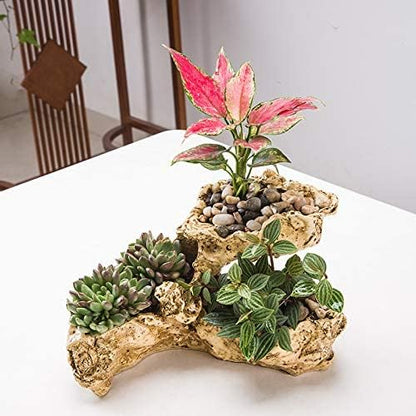 Driftwood Planter Artificial Sculpture Multilayer Log Planter Flower Pot | Tree Root Style Planter, Resin Stump Pot, with Drainage Hole, Decorative Succulent Planter