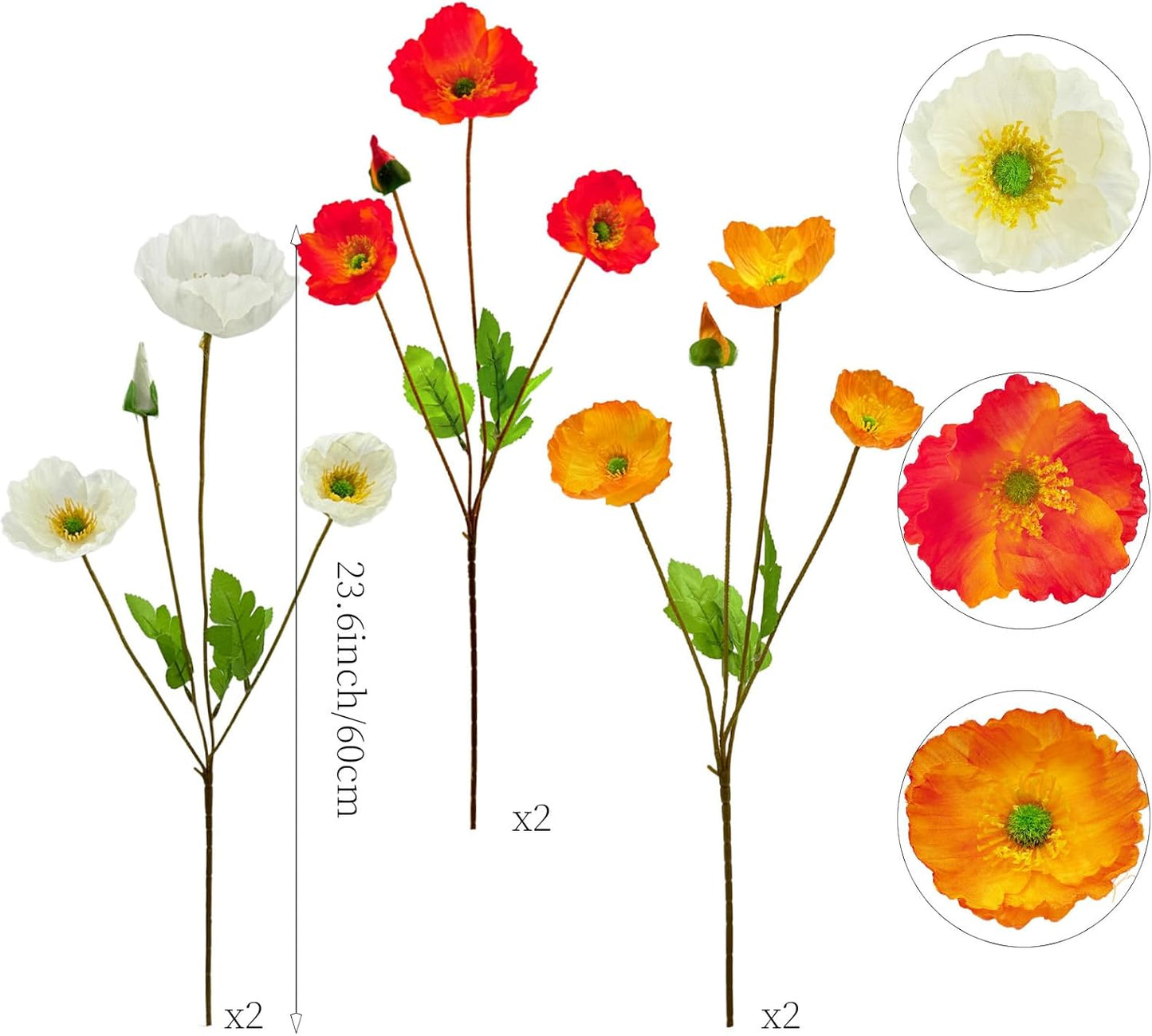 Artificial Poppy Flowers 6 Stems Poppy Silk Bouquet Real Touch Faux Poppy Spring Flowers for Wedding Home Kitchen Party Decoration Table Centerpiece Arrangement