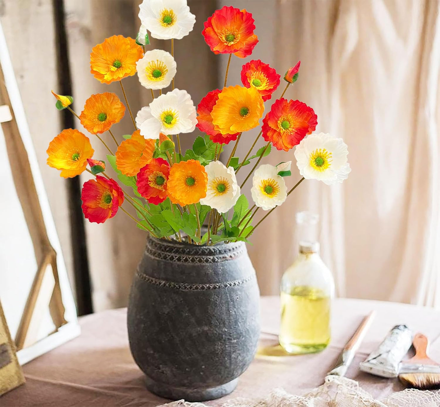 Artificial Poppy Flowers 6 Stems Poppy Silk Bouquet Real Touch Faux Poppy Spring Flowers for Wedding Home Kitchen Party Decoration Table Centerpiece Arrangement