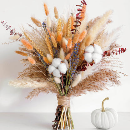 Natural Dried Flower Bouquet - Pampas Grass, Cotton Stems, Bunny Tails, Eucalyptus, Lavender & Wheat - Rustic Boho Decor for Home, Fall Decorations for Home, Wedding, or Gift