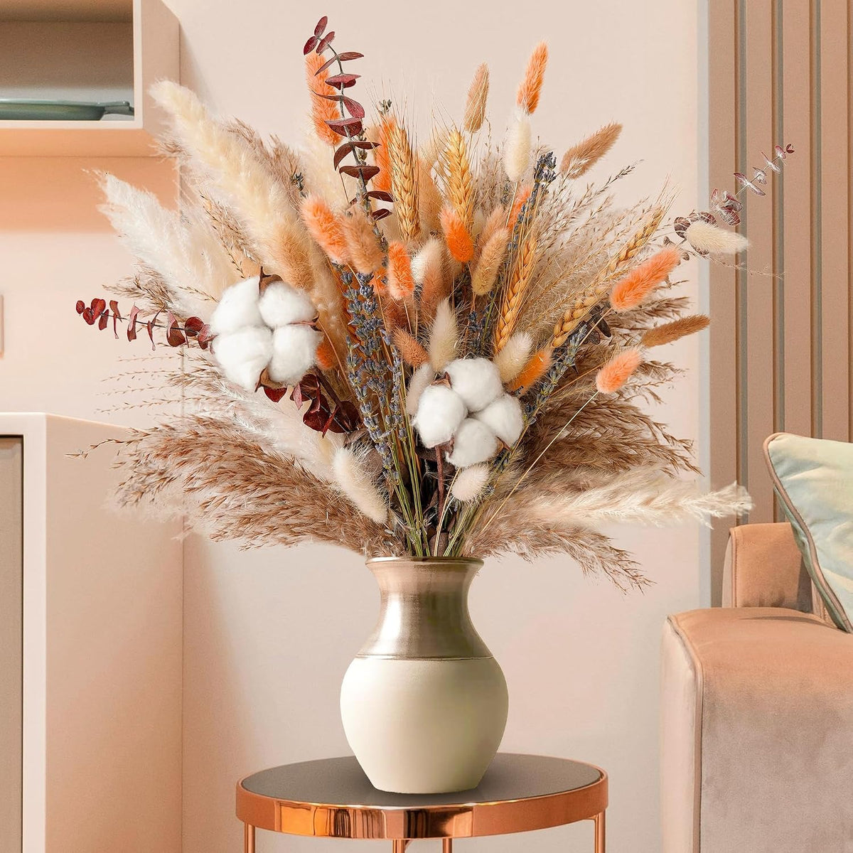 Natural Dried Flower Bouquet - Pampas Grass, Cotton Stems, Bunny Tails, Eucalyptus, Lavender & Wheat - Rustic Boho Decor for Home, Fall Decorations for Home, Wedding, or Gift