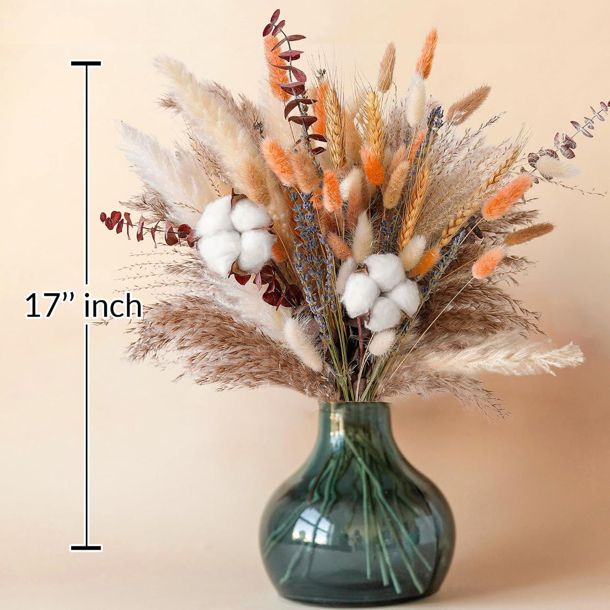 Natural Dried Flower Bouquet - Pampas Grass, Cotton Stems, Bunny Tails, Eucalyptus, Lavender & Wheat - Rustic Boho Decor for Home, Fall Decorations for Home, Wedding, or Gift