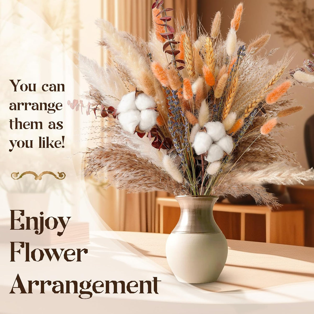 Natural Dried Flower Bouquet - Pampas Grass, Cotton Stems, Bunny Tails, Eucalyptus, Lavender & Wheat - Rustic Boho Decor for Home, Fall Decorations for Home, Wedding, or Gift