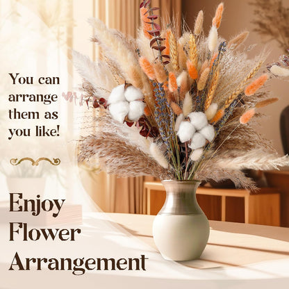 Natural Dried Flower Bouquet - Pampas Grass, Cotton Stems, Bunny Tails, Eucalyptus, Lavender & Wheat - Rustic Boho Decor for Home, Fall Decorations for Home, Wedding, or Gift