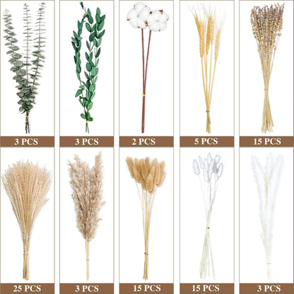 Natural Dried Flower Bouquet - Pampas Grass, Cotton Stems, Bunny Tails, Eucalyptus, Lavender & Wheat - Rustic Boho Decor for Home, Fall Decorations for Home, Wedding, or Gift