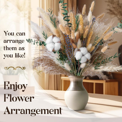 Natural Dried Flower Bouquet - Pampas Grass, Cotton Stems, Bunny Tails, Eucalyptus, Lavender & Wheat - Rustic Boho Decor for Home, Fall Decorations for Home, Wedding, or Gift
