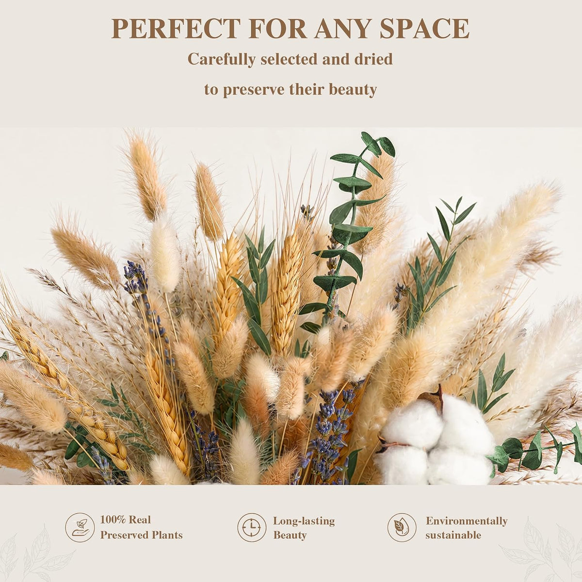 Natural Dried Flower Bouquet - Pampas Grass, Cotton Stems, Bunny Tails, Eucalyptus, Lavender & Wheat - Rustic Boho Decor for Home, Fall Decorations for Home, Wedding, or Gift