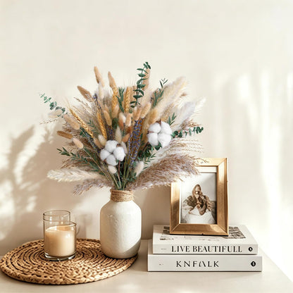 Natural Dried Flower Bouquet - Pampas Grass, Cotton Stems, Bunny Tails, Eucalyptus, Lavender & Wheat - Rustic Boho Decor for Home, Fall Decorations for Home, Wedding, or Gift