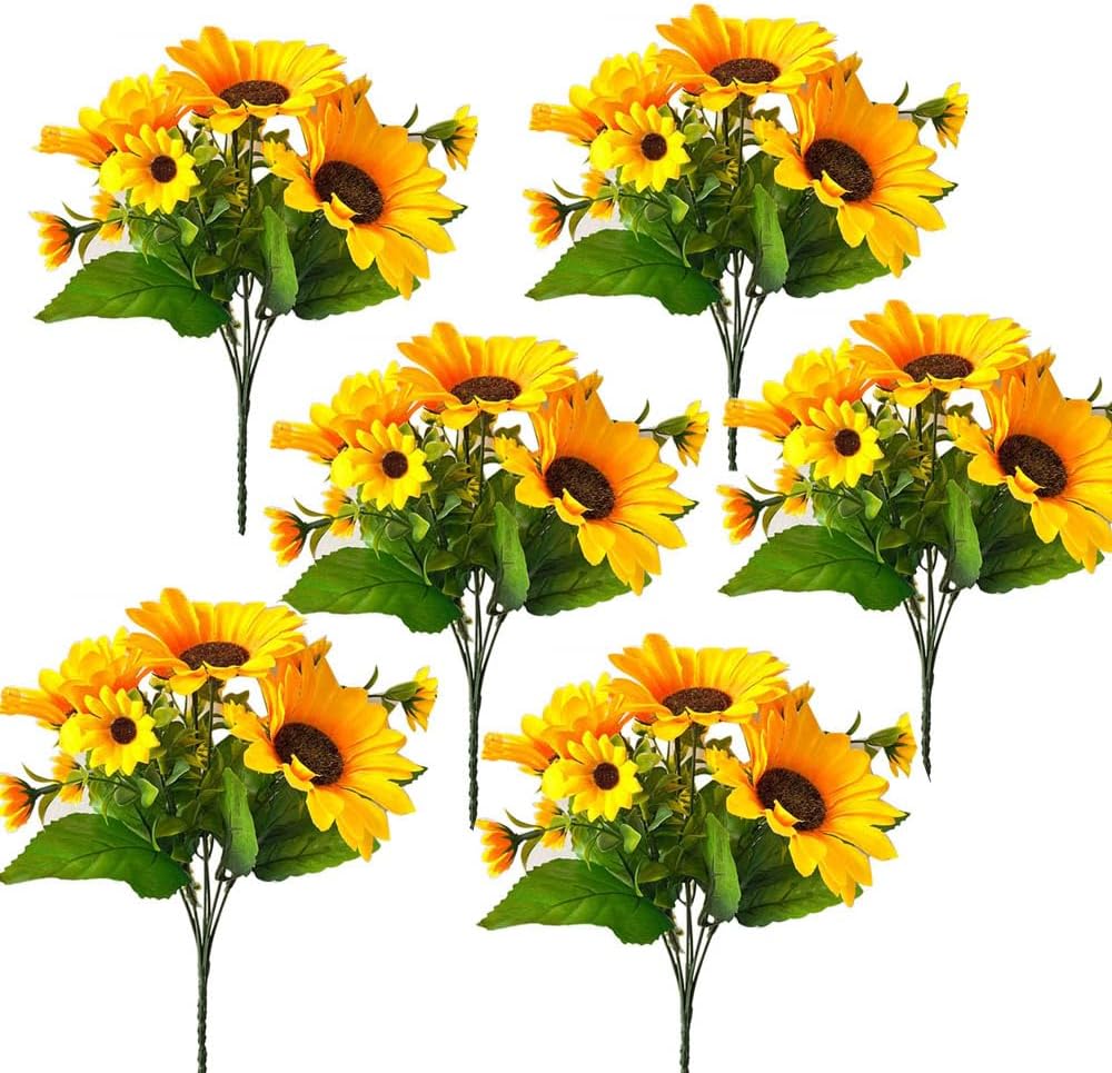 6pcs Artificial Flowers Sunflowers Plastic Artificial Plants with Stems for Wedding Bridal Shower Table Birthday Garden Decor Outdoor UV Resistant Fake Plants