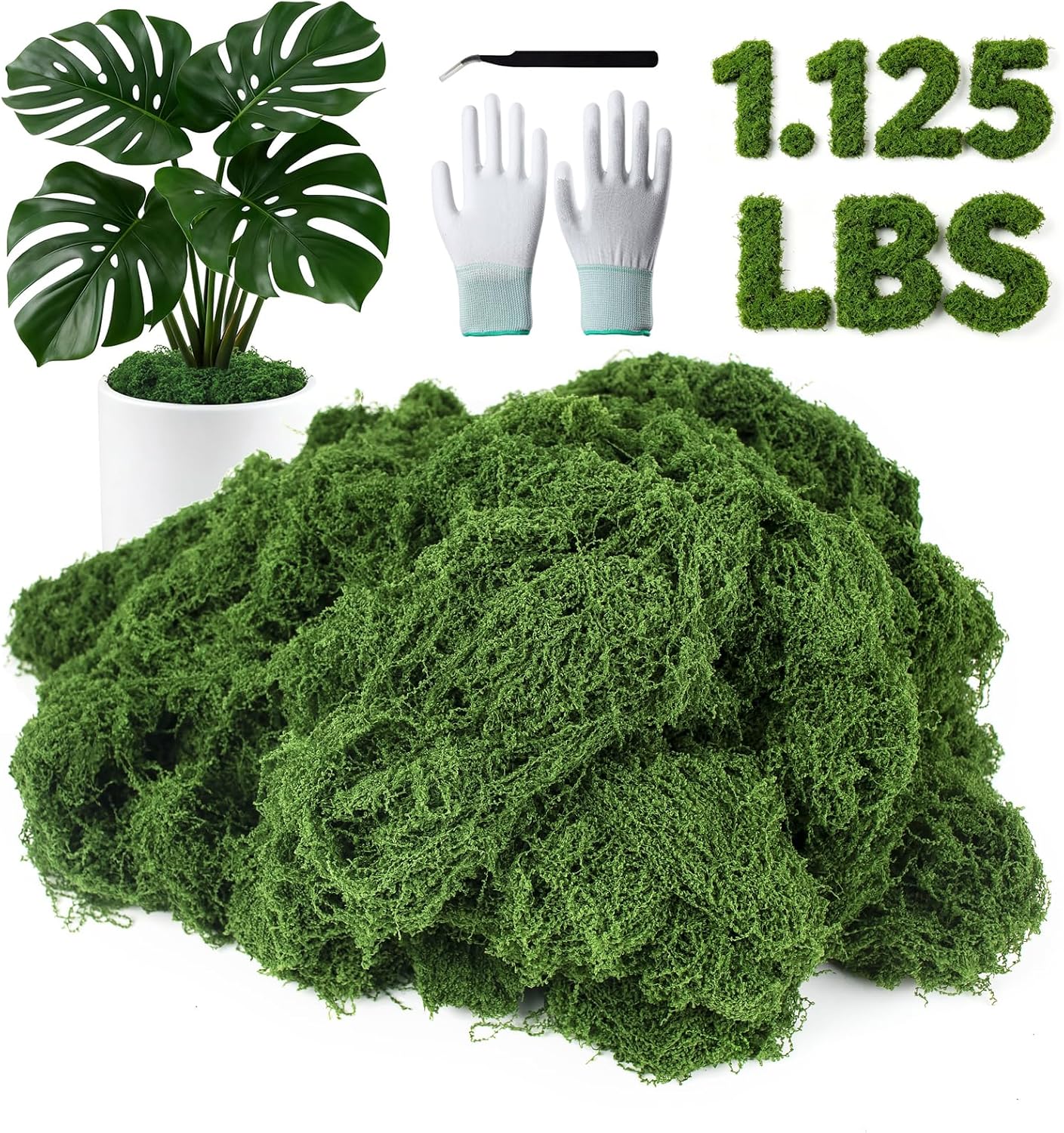 12oz Fake Green Moss for Plants Indoor with Gloves and Tweezers | Artificial Faux Moss for Craft DIY Table Centerpieces Living Walls Fairy Garden Indoor Outdoor Home Decorating Model Making