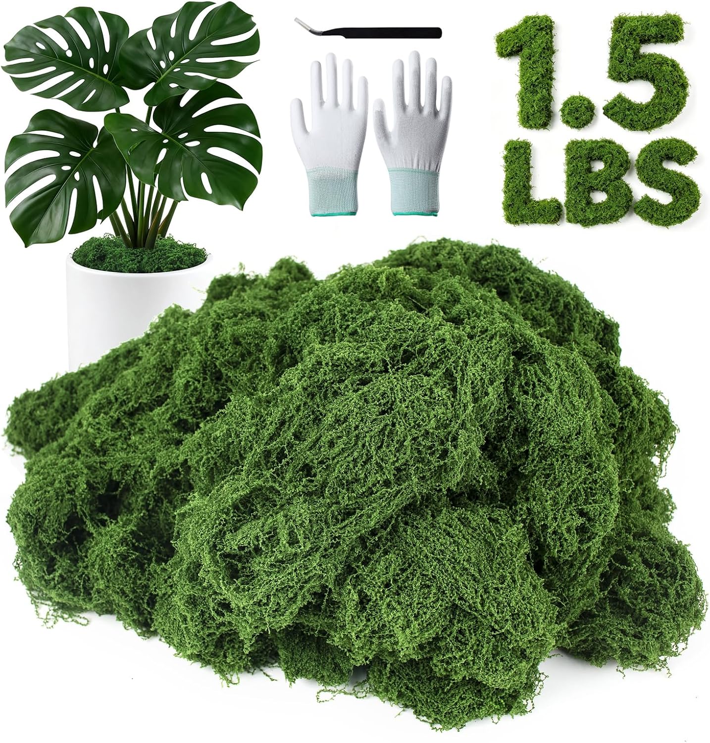 12oz Fake Green Moss for Plants Indoor with Gloves and Tweezers | Artificial Faux Moss for Craft DIY Table Centerpieces Living Walls Fairy Garden Indoor Outdoor Home Decorating Model Making