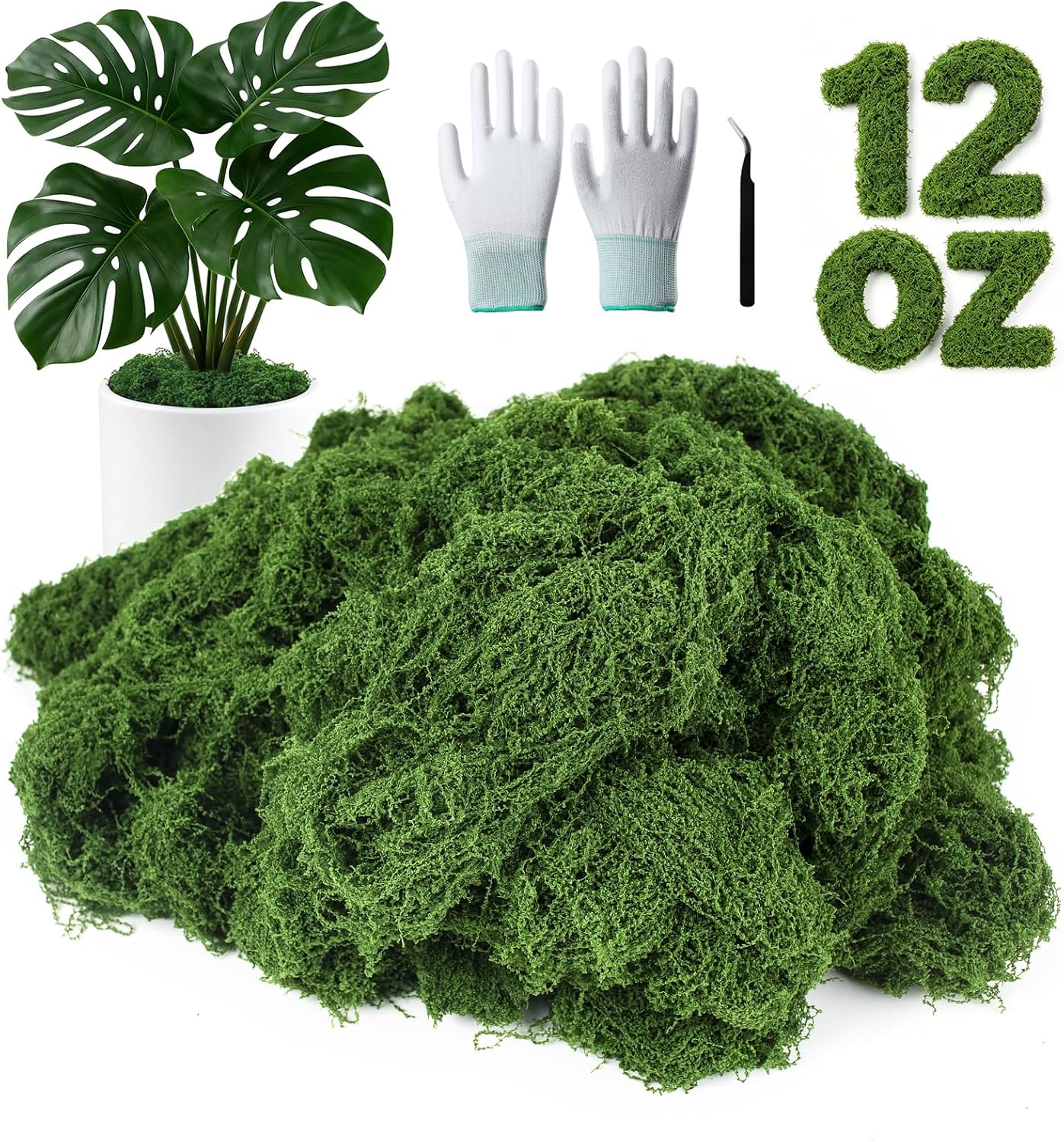 12oz Fake Green Moss for Plants Indoor with Gloves and Tweezers | Artificial Faux Moss for Craft DIY Table Centerpieces Living Walls Fairy Garden Indoor Outdoor Home Decorating Model Making