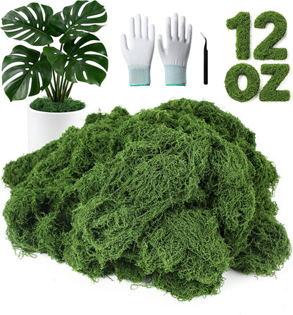 12oz Fake Green Moss for Plants Indoor with Gloves and Tweezers | Artificial Faux Moss for Craft DIY Table Centerpieces Living Walls Fairy Garden Indoor Outdoor Home Decorating Model Making