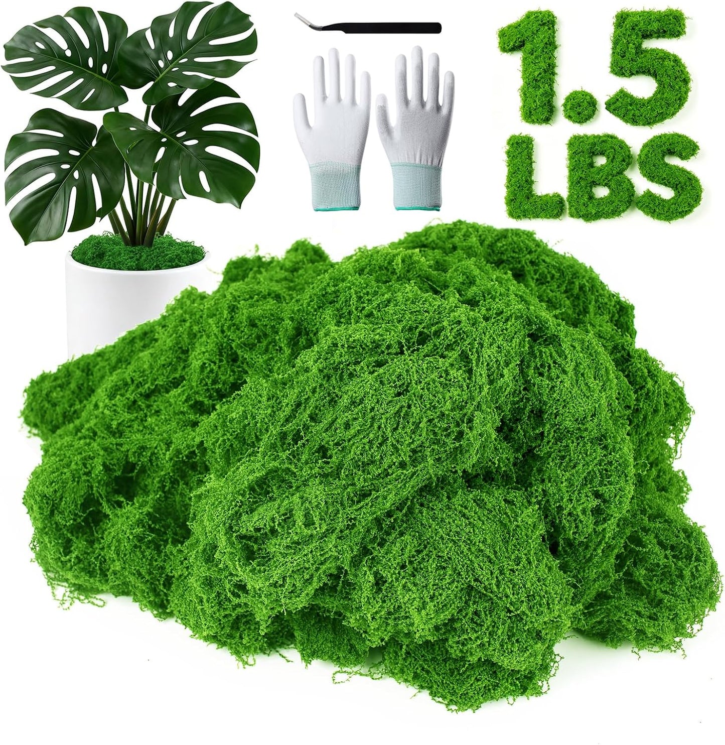 12oz Fake Green Moss for Plants Indoor with Gloves and Tweezers | Artificial Faux Moss for Craft DIY Table Centerpieces Living Walls Fairy Garden Indoor Outdoor Home Decorating Model Making