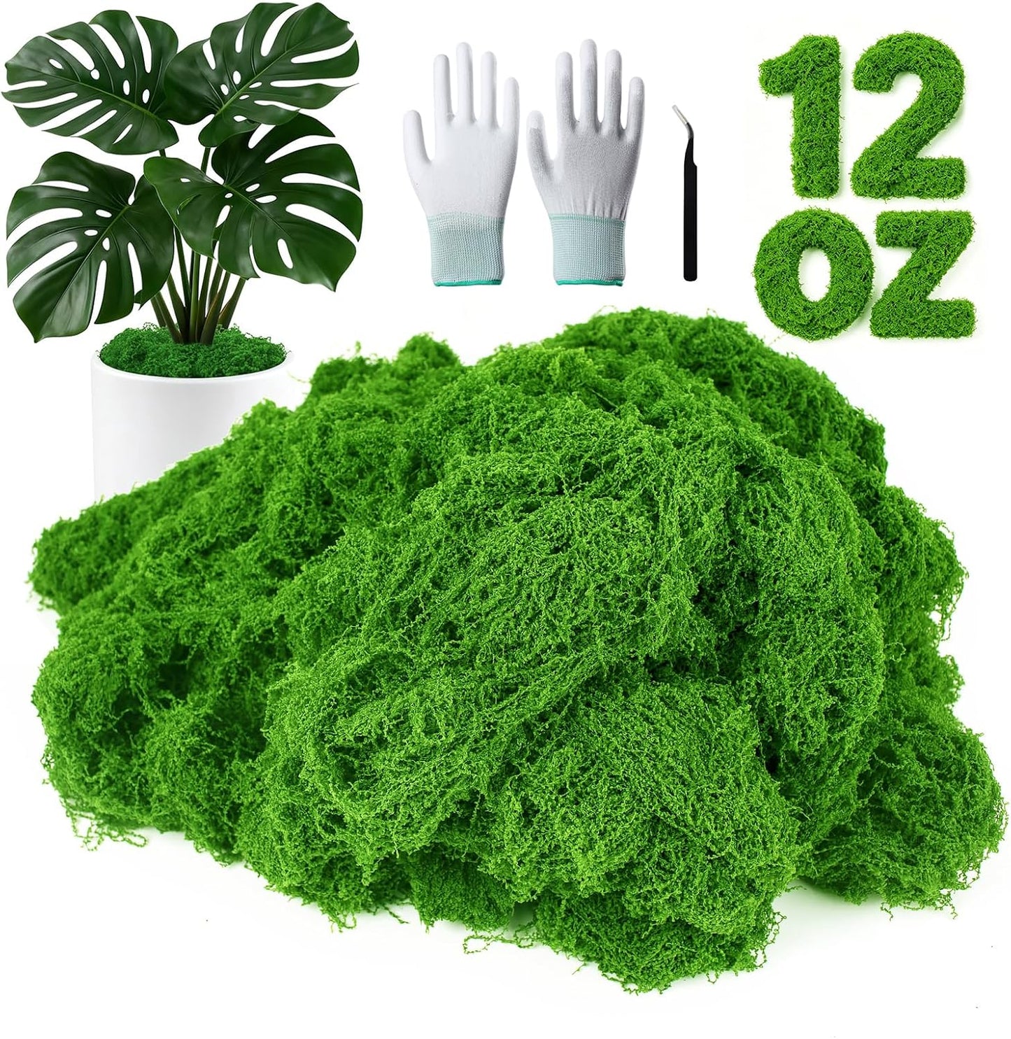 12oz Fake Green Moss for Plants Indoor with Gloves and Tweezers | Artificial Faux Moss for Craft DIY Table Centerpieces Living Walls Fairy Garden Indoor Outdoor Home Decorating Model Making