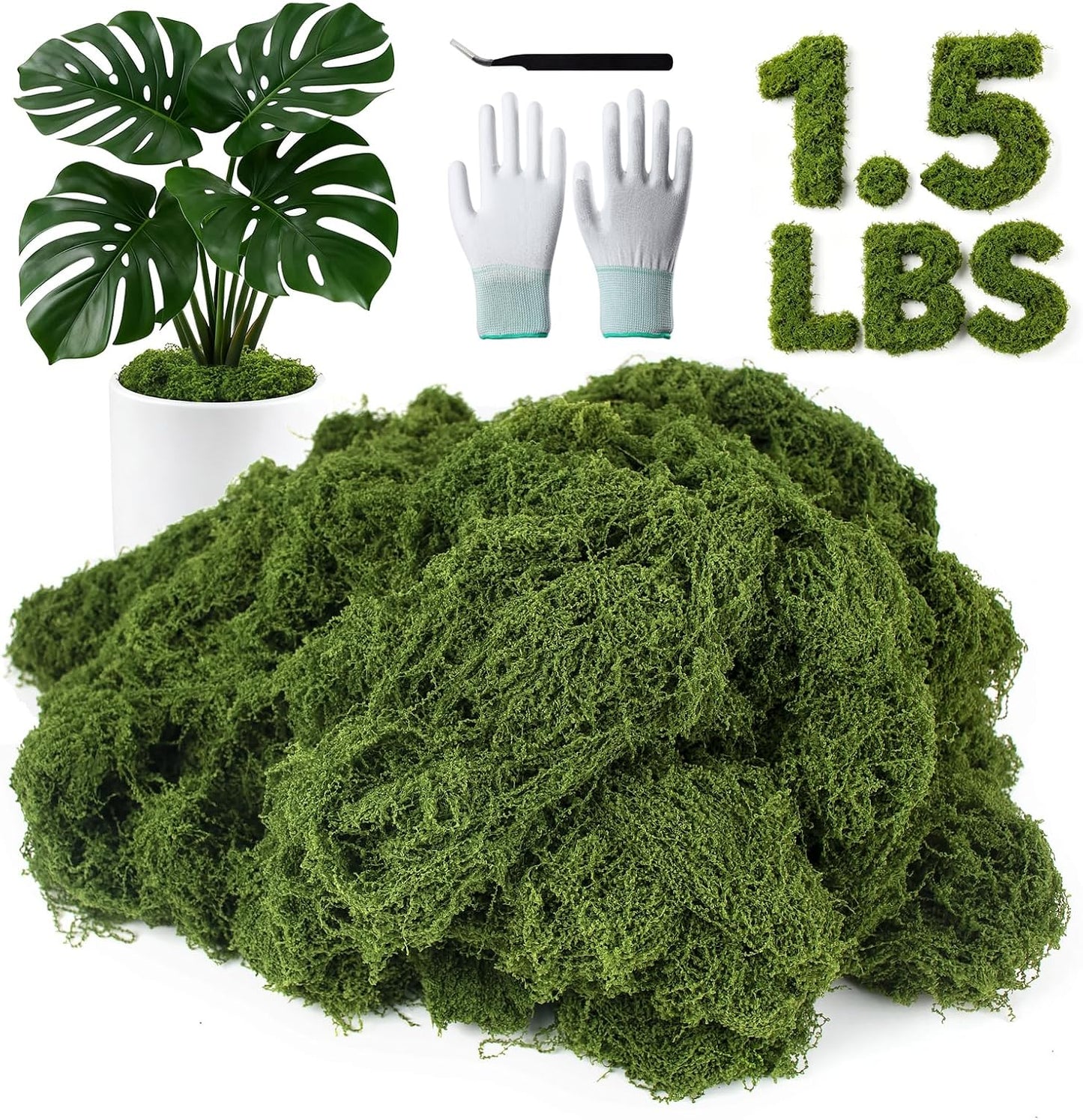 12oz Fake Green Moss for Plants Indoor with Gloves and Tweezers | Artificial Faux Moss for Craft DIY Table Centerpieces Living Walls Fairy Garden Indoor Outdoor Home Decorating Model Making
