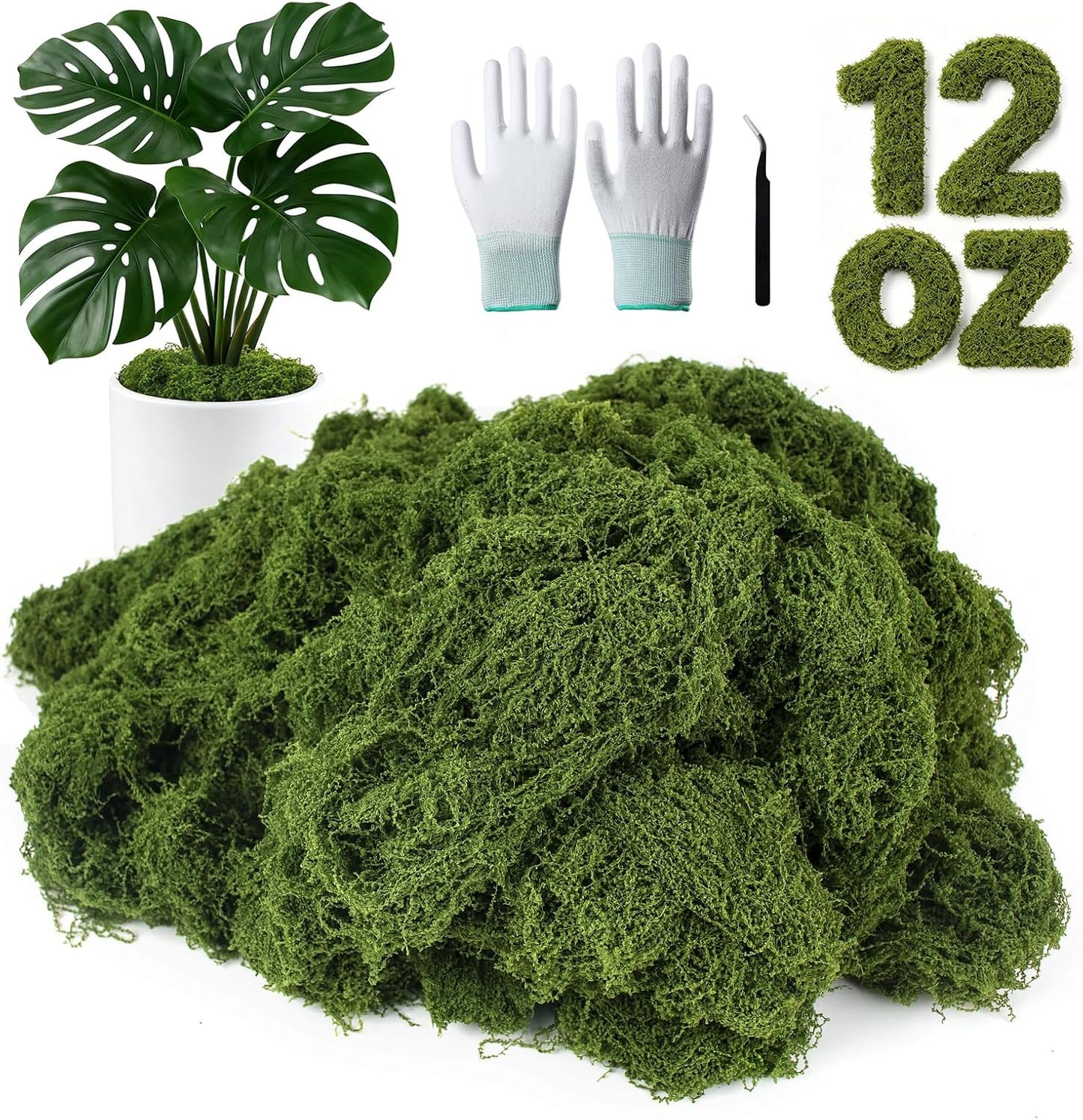 12oz Fake Green Moss for Plants Indoor with Gloves and Tweezers | Artificial Faux Moss for Craft DIY Table Centerpieces Living Walls Fairy Garden Indoor Outdoor Home Decorating Model Making