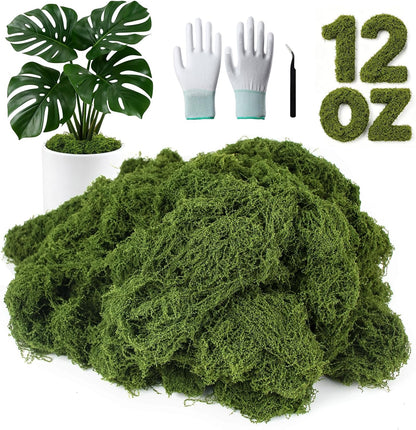 12oz Fake Green Moss for Plants Indoor with Gloves and Tweezers | Artificial Faux Moss for Craft DIY Table Centerpieces Living Walls Fairy Garden Indoor Outdoor Home Decorating Model Making