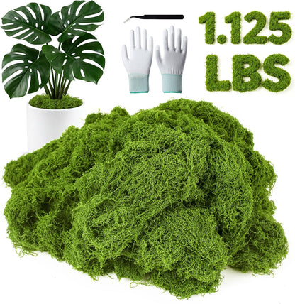 12oz Fake Green Moss for Plants Indoor with Gloves and Tweezers | Artificial Faux Moss for Craft DIY Table Centerpieces Living Walls Fairy Garden Indoor Outdoor Home Decorating Model Making
