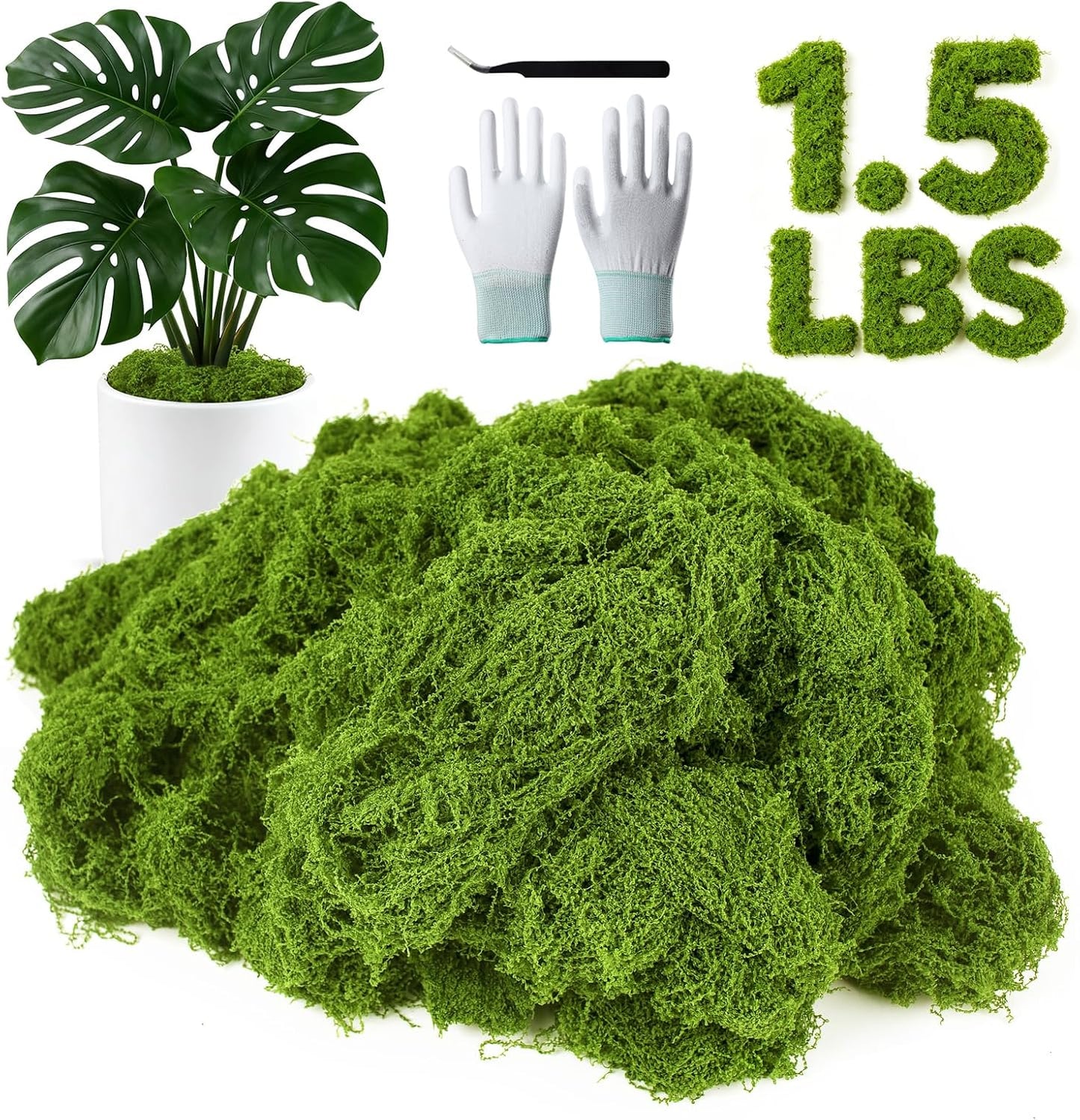 12oz Fake Green Moss for Plants Indoor with Gloves and Tweezers | Artificial Faux Moss for Craft DIY Table Centerpieces Living Walls Fairy Garden Indoor Outdoor Home Decorating Model Making