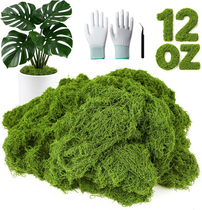 12oz Fake Green Moss for Plants Indoor with Gloves and Tweezers | Artificial Faux Moss for Craft DIY Table Centerpieces Living Walls Fairy Garden Indoor Outdoor Home Decorating Model Making