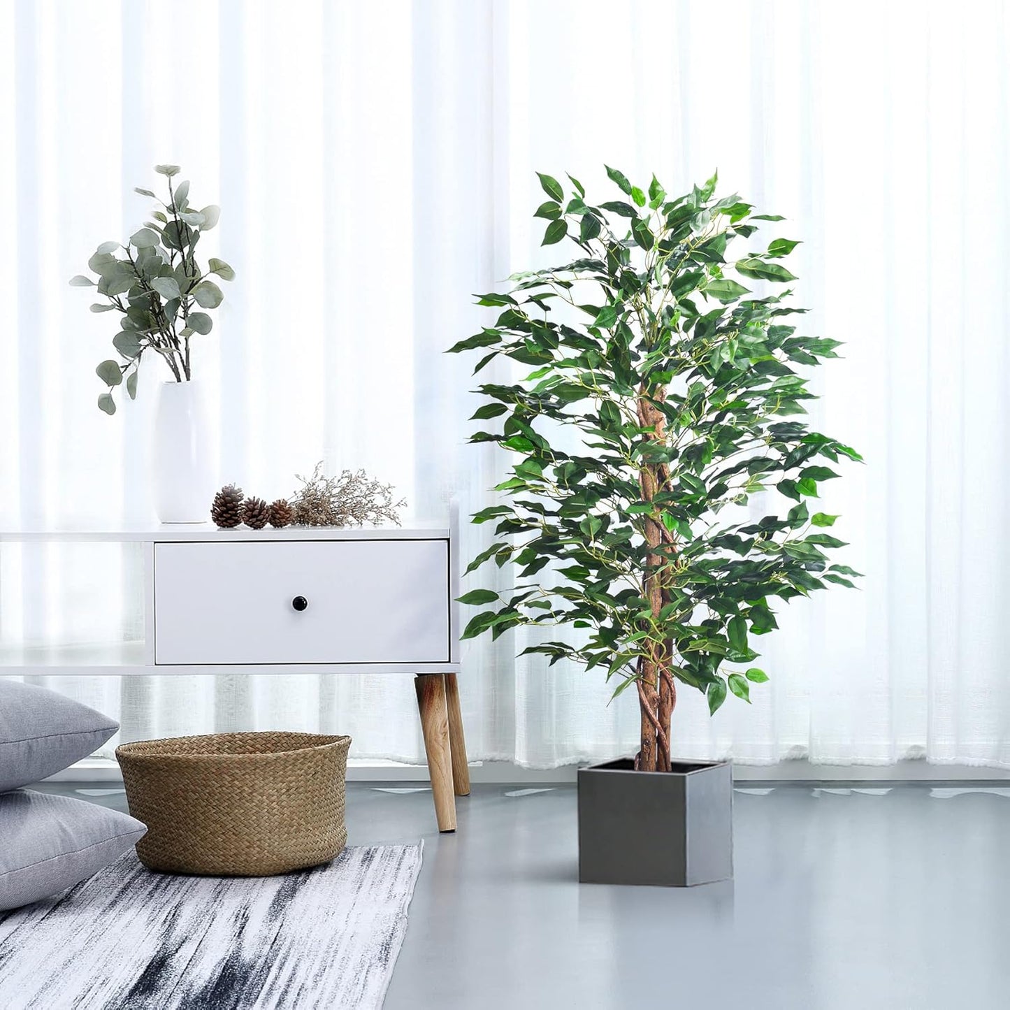 Artificial Ficus Tree 5FT Faux Silk Plants with Sturdy Plastic Nursery Pot,Fake Ficus Trees for Home Office Farmhouse Indoor Outdoor Decor Perfect Housewarming Gift (5FT-1Pack)