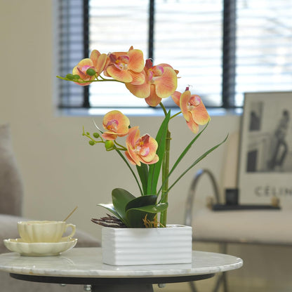 Artificial Real Touch Orchid Flowers with White Ceramic Vase, Orange