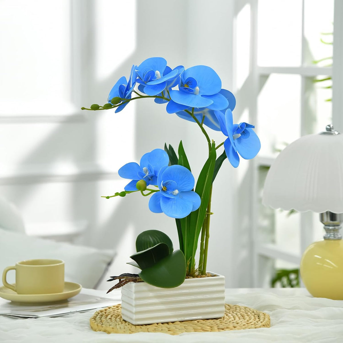 Artificial Real Touch Orchid Flowers with White Ceramic Vase, Orange