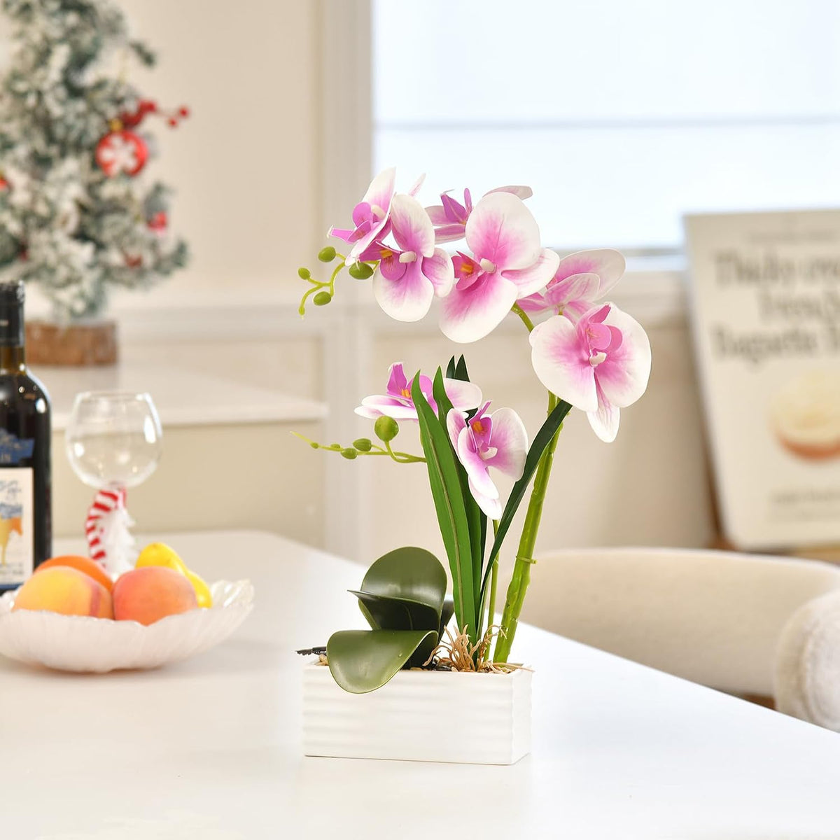 Artificial Real Touch Orchid Flowers with White Ceramic Vase, Orange