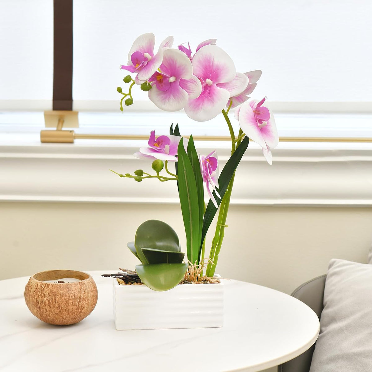 Artificial Real Touch Orchid Flowers with White Ceramic Vase, Orange