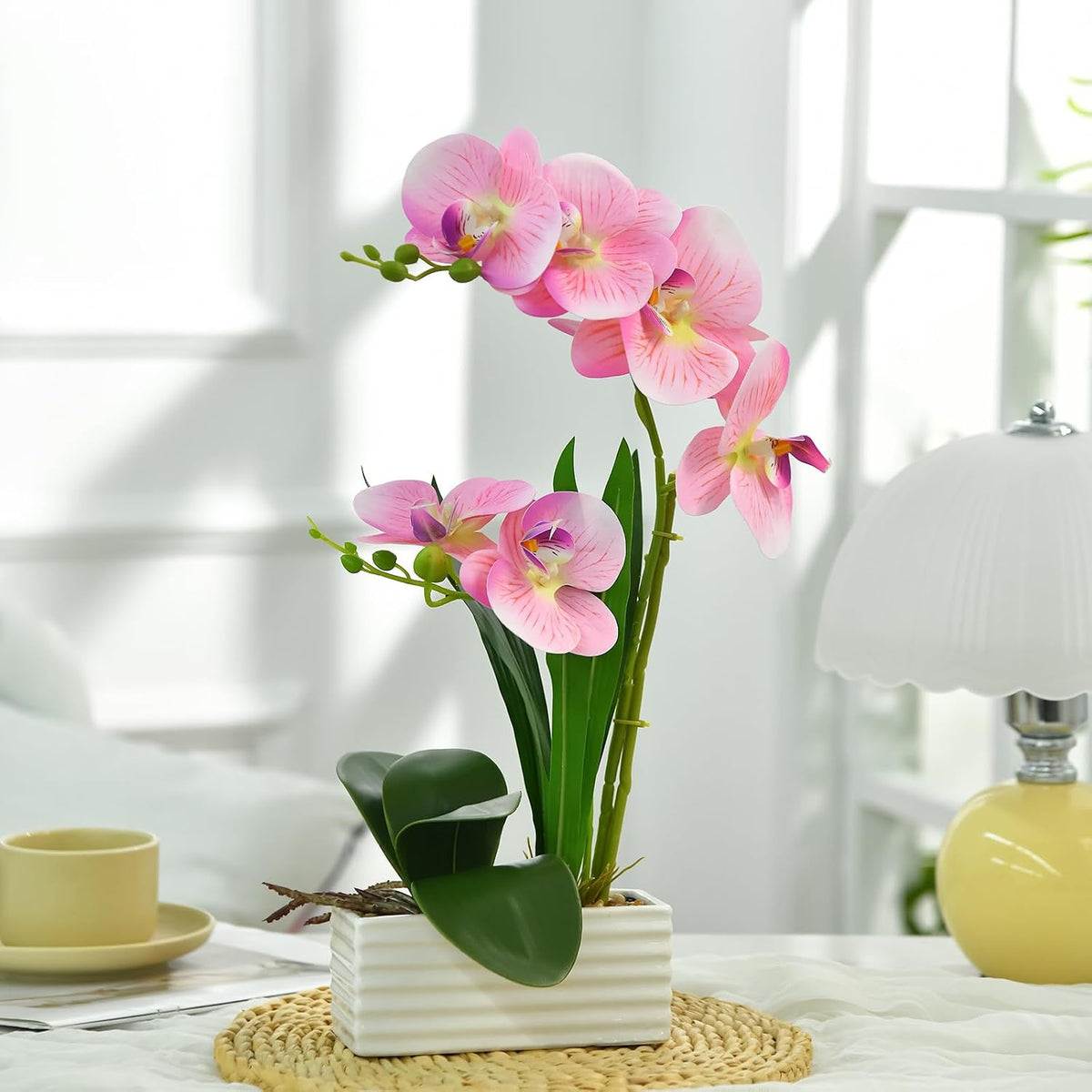 Artificial Real Touch Orchid Flowers with White Ceramic Vase, Orange