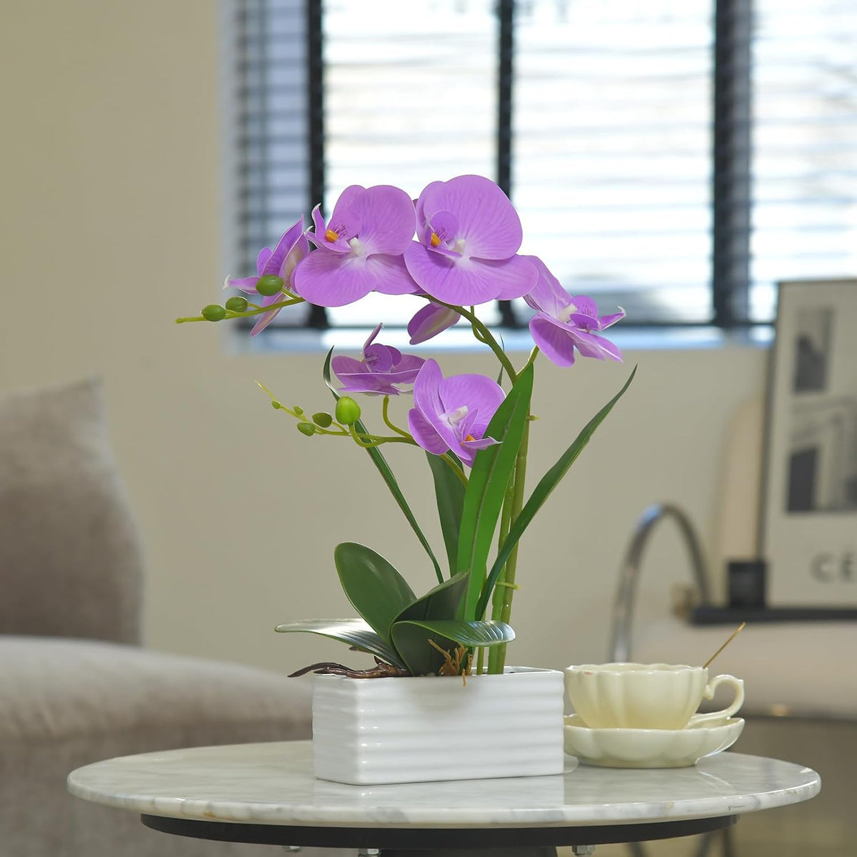 Artificial Real Touch Orchid Flowers with White Ceramic Vase, Orange
