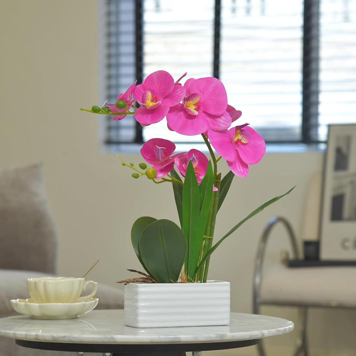 Artificial Real Touch Orchid Flowers with White Ceramic Vase, Orange