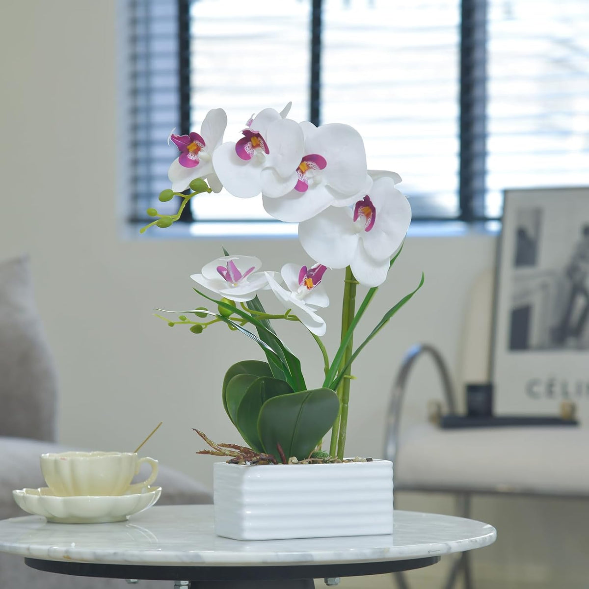 Artificial Real Touch Orchid Flowers with White Ceramic Vase, Orange