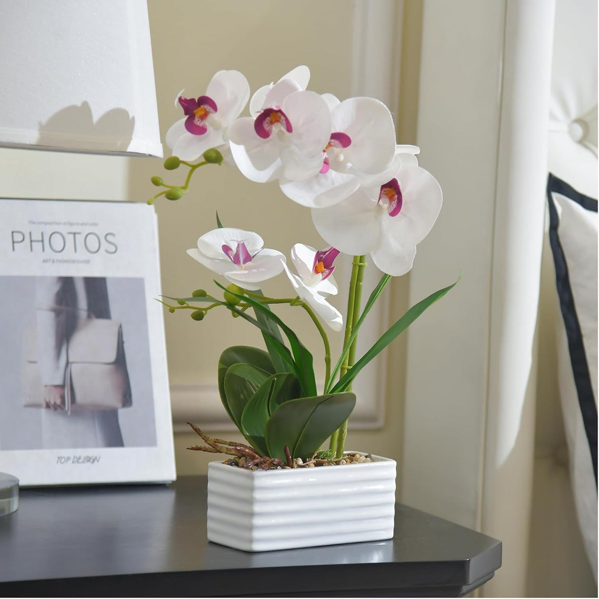 Artificial Real Touch Orchid Flowers with White Ceramic Vase, Orange