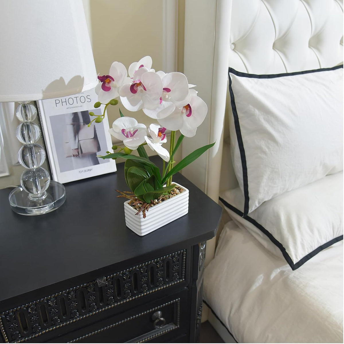 Artificial Real Touch Orchid Flowers with White Ceramic Vase, Orange