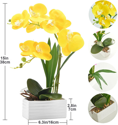 Artificial Real Touch Orchid Flowers with White Ceramic Vase, Orange