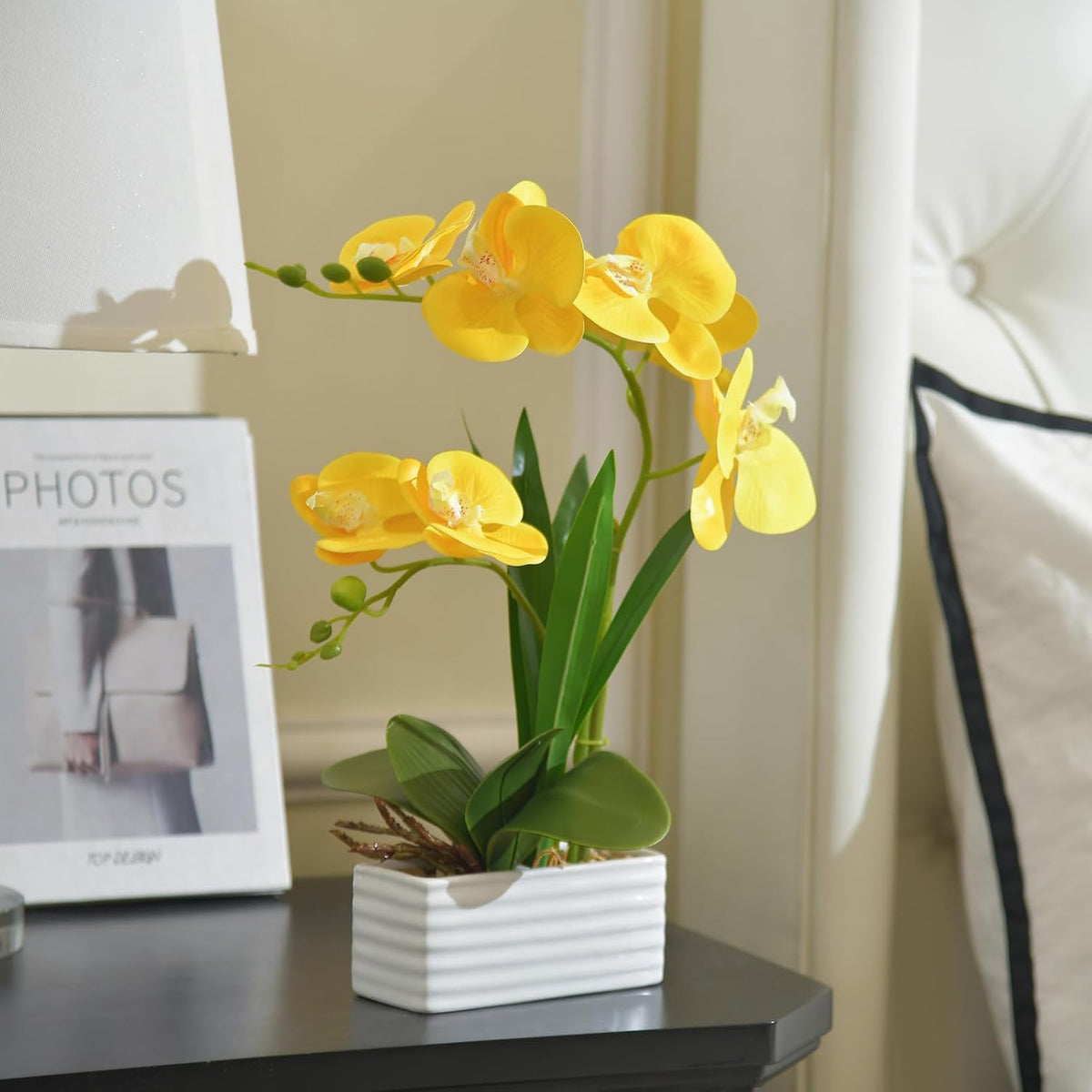 Artificial Real Touch Orchid Flowers with White Ceramic Vase, Orange