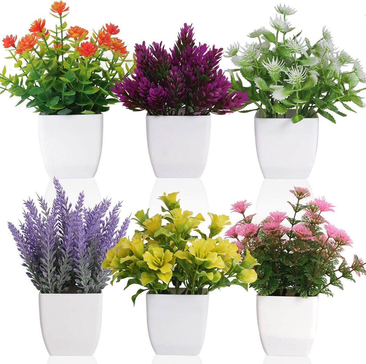 6 Pack Small Fake Plants Mini Artificial Faux Flowers with Pot Mini Potted Plants for House Office Desk Tabletop Decoration