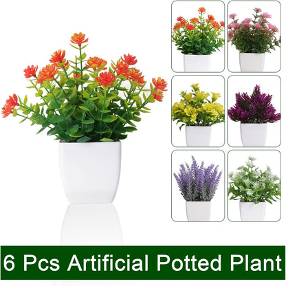 6 Pack Small Fake Plants Mini Artificial Faux Flowers with Pot Mini Potted Plants for House Office Desk Tabletop Decoration